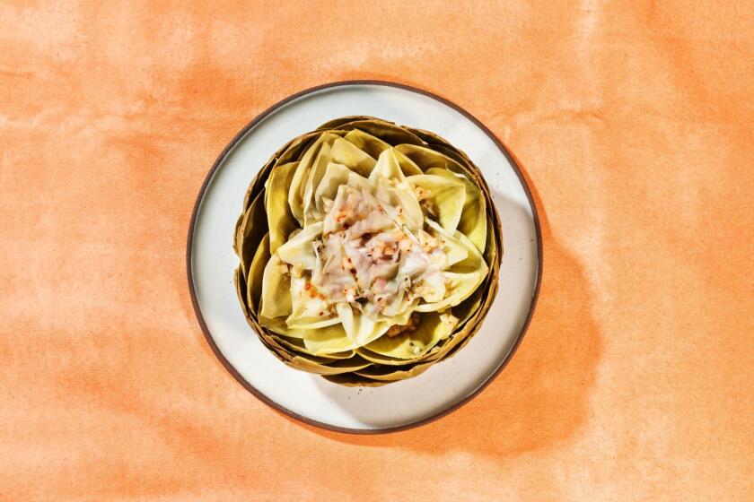 LOS ANGELES - THURSDAY, APRIL 25, 2019: Artichoke Vinaigrette cooked/styled by Genevieve Ko and propped by Nidia Cueva at Proplink Tabletop Studio in downtown Los Angeles on Thursday, April 25, 2019. (Dylan + Jeni / For the Times)