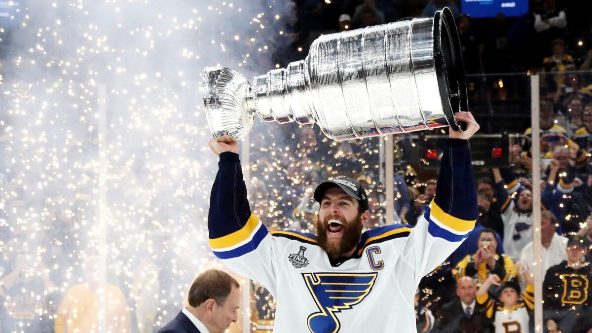 St. Louis captain Alex Pietrangelo celebrates with the Stanley Cup after the Blues' 4-1 win over the Boston Bruins in Game 7 of the Stanley Cup Final on Wednesday.