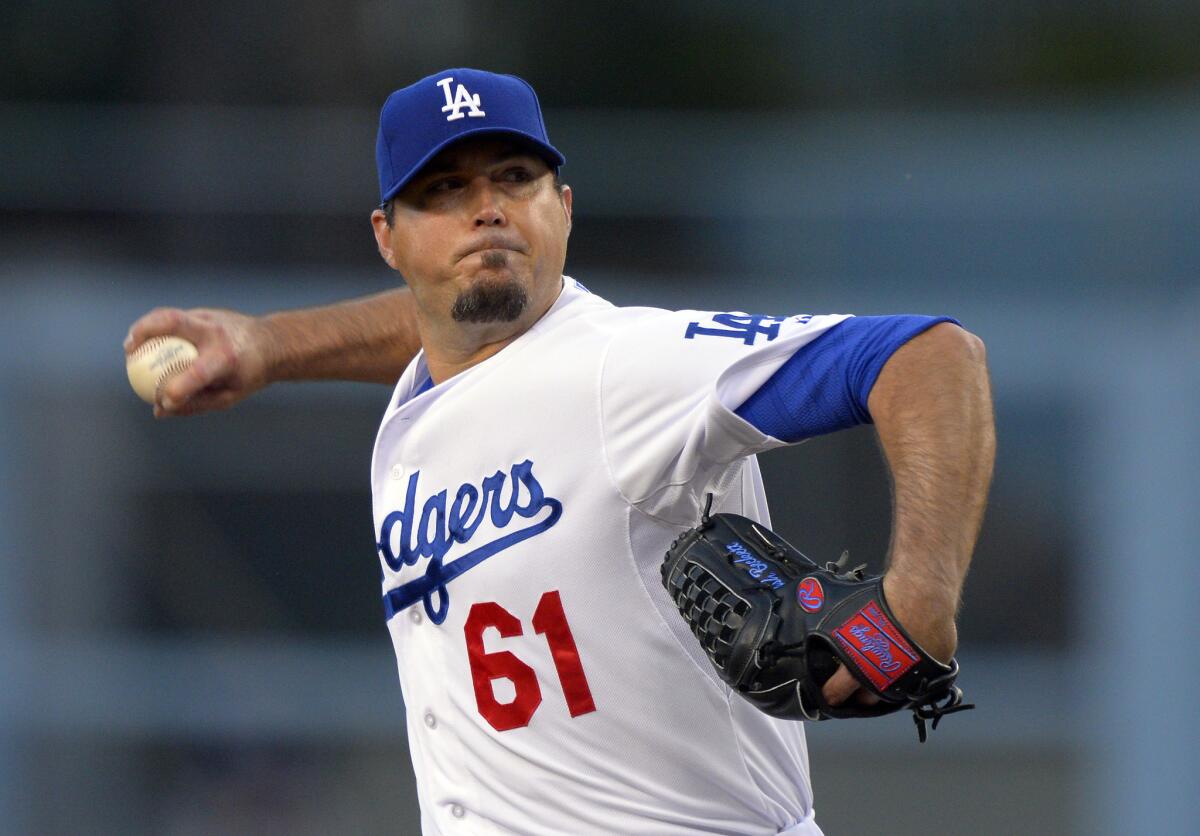 Dodgers starting pitcher Josh Beckett has made six starts this season without earning a victory.