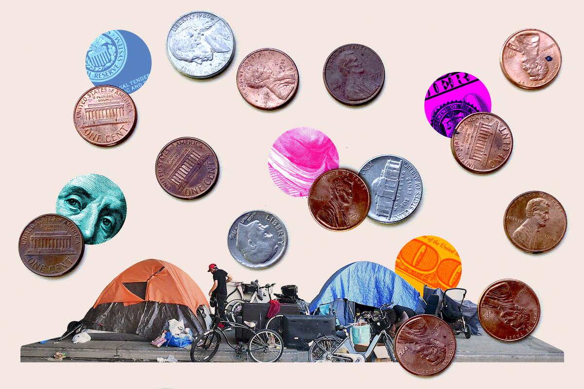Photo illustration of loose change over an encampment in Los Angeles.