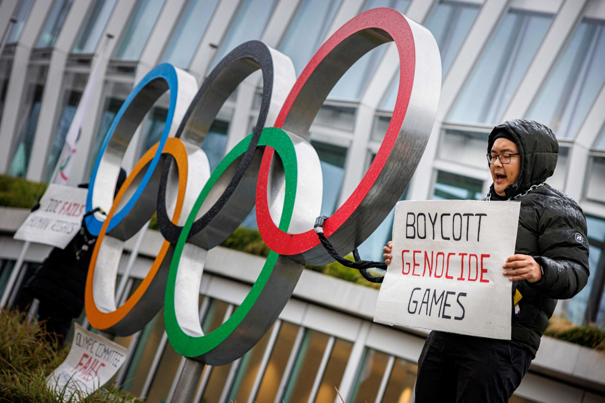 An activist with Students for a Free Tibet protests outside the headquarters of the International Olympic Committee.