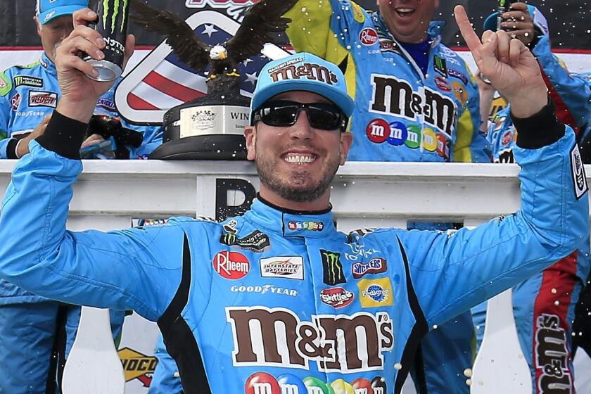 LONG POND, PENNSYLVANIA - JUNE 02: Kyle Busch, driver of the #18 M&M's Hazelnut Toyota, celebrates in Victory Lane after winning the Monster Energy NASCAR Cup Series Pocono 400 at Pocono Raceway on June 02, 2019 in Long Pond, Pennsylvania. (Photo by Chris Trotman/Getty Images) ** OUTS - ELSENT, FPG, CM - OUTS * NM, PH, VA if sourced by CT, LA or MoD **