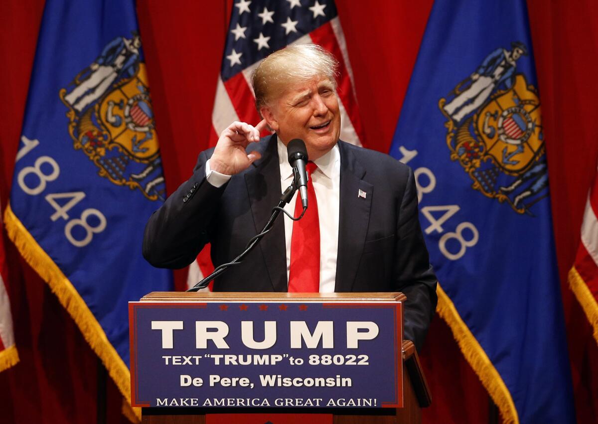Republican presidential front-runner Donald Trump speaks at St. Norbert College in De Pere, Wis., on Wednesday.