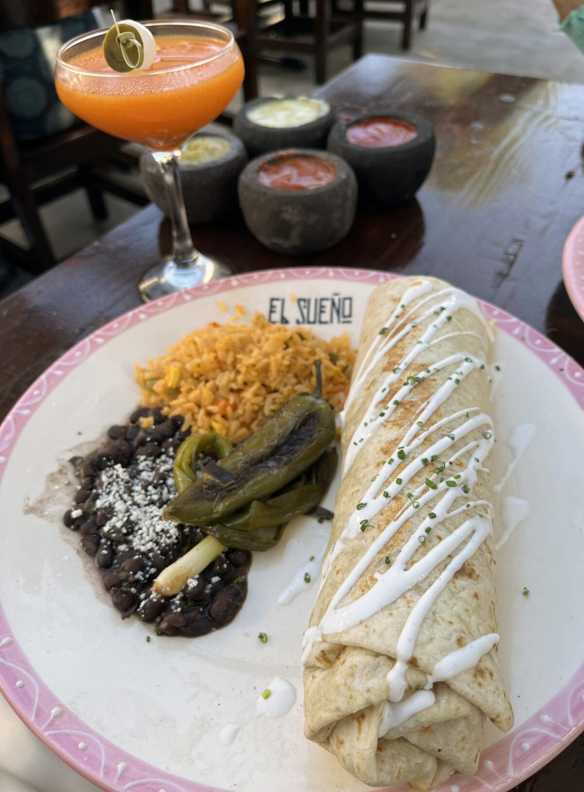 Del Mar Burrito and Bad Bunny cocktail at  El Sueño Restaurant & Bar in Old Town.