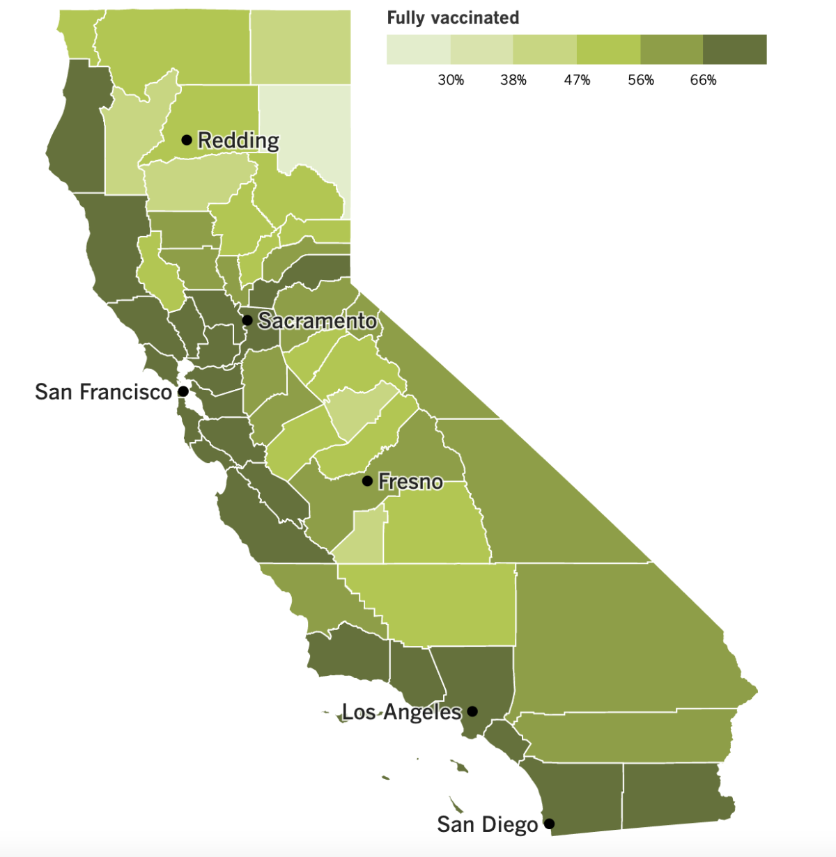 A map showing California's COVID-19 vaccination progress by county as of July 5, 2022.