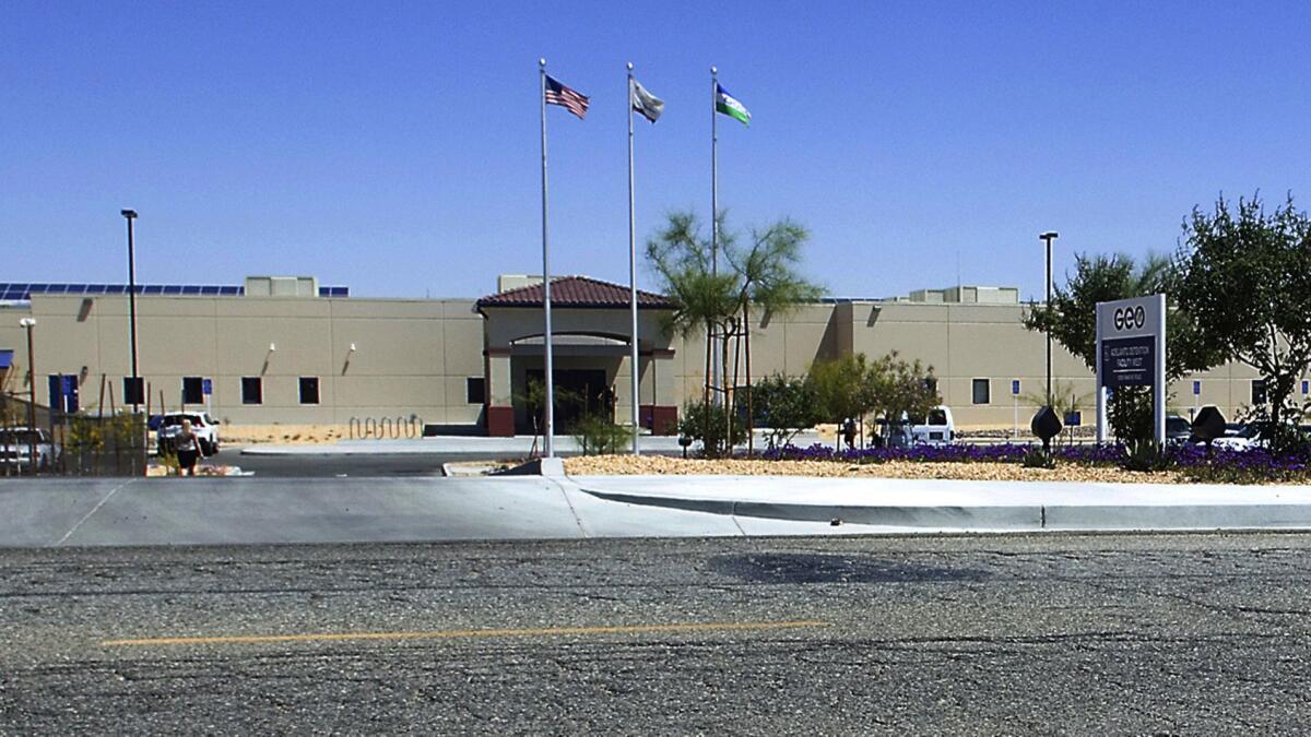 The Adelanto Detention Facility in Adelanto, Calif., a desert community near Victorville. Federal inspectors found nooses made from bed sheets hanging in more than a dozen cells during a May inspection.