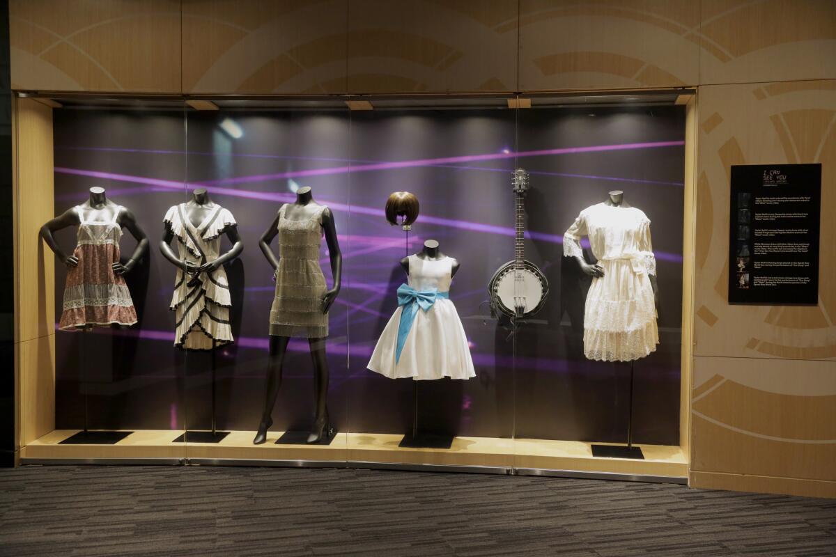 Dresses and a banjo behind a glass display.
