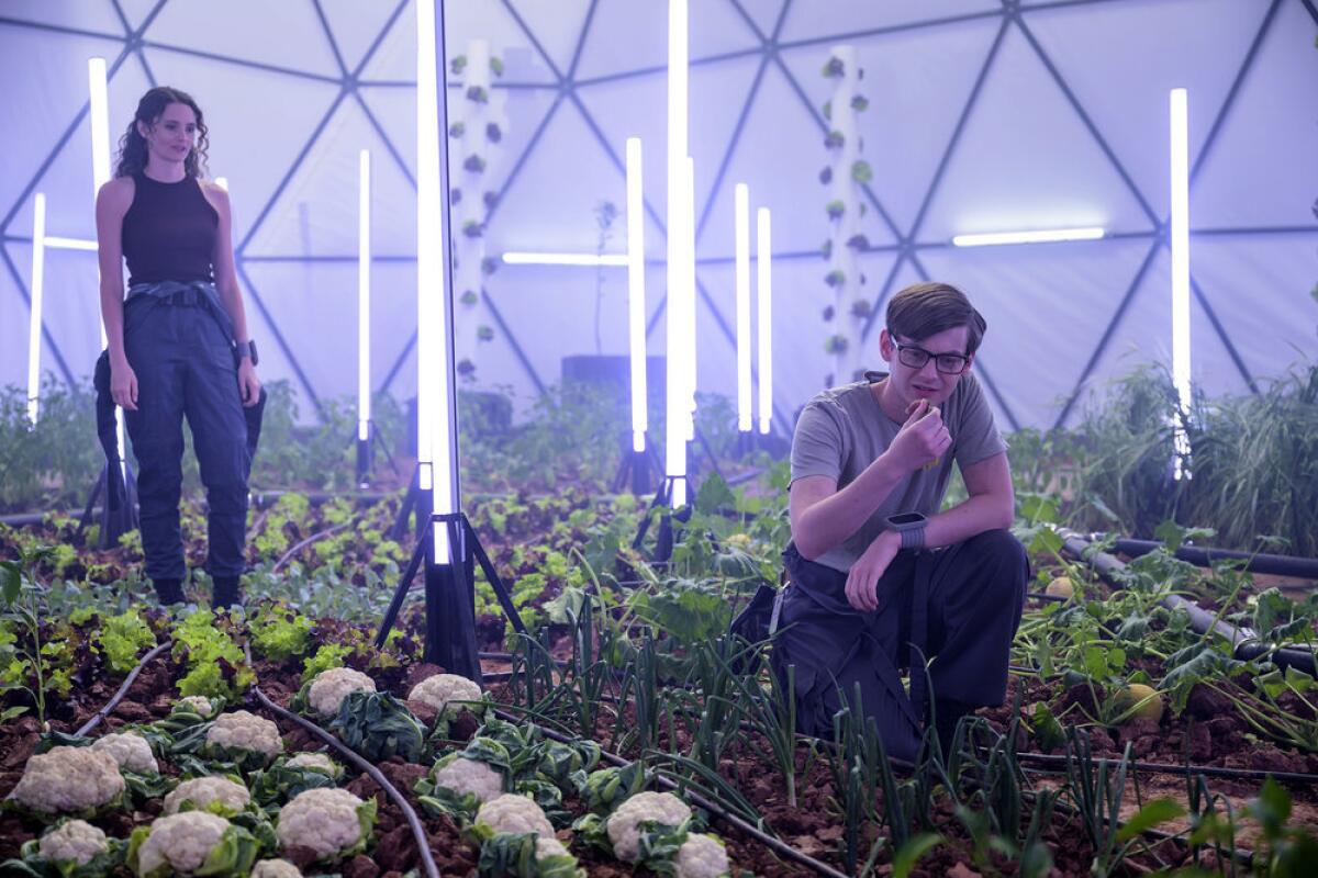 A standing woman watches a crouching man inside a greenhouse
