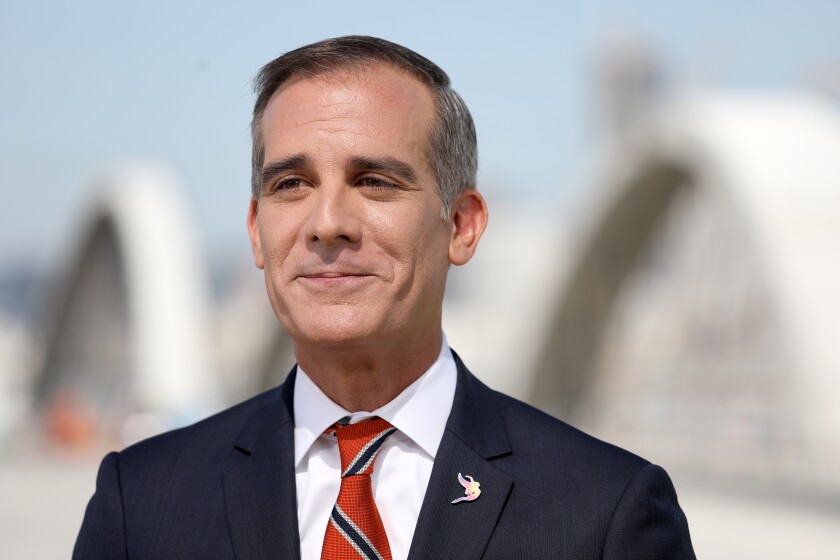Los Angeles Mayor Eric Garcetti delivers State of the City Address from the under-construction Sixth Street Viaduct in April.