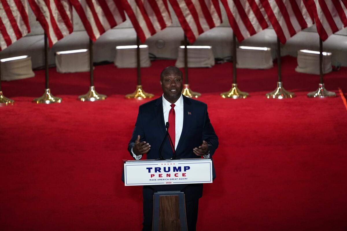 Sen. Tim Scott of South Carolina speaks during the Republican National Convention on Monday.