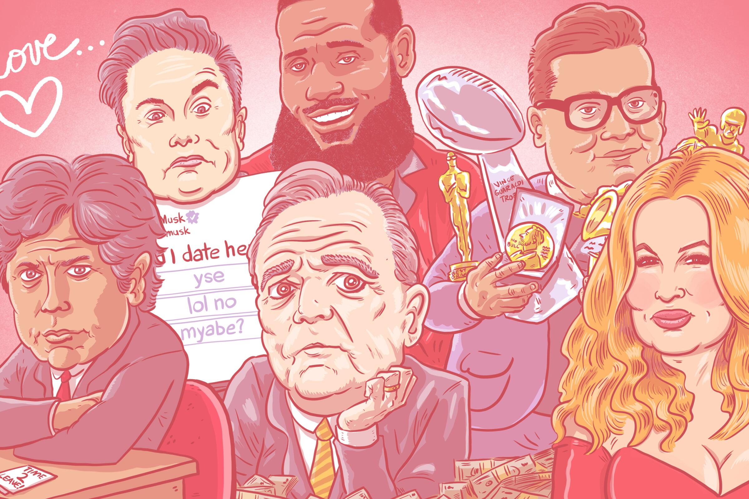 Illustrated collage of celebrities and politicians, including LeBron, Caruso, Jennifer Coolidge, KDL, Musk, George Santos