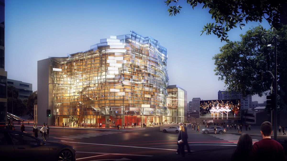 A rendering shows the exterior of a proposed concert hall for the Colburn School illuminated from within