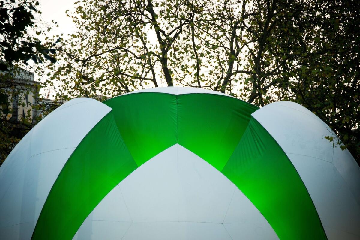 A massive version of the Xbox logo is shown in the middle of Leicester Square at a launch party to celebrate the introduction of the new Microsoft Xbox One console. Events are also planned in Los Angeles and New York.