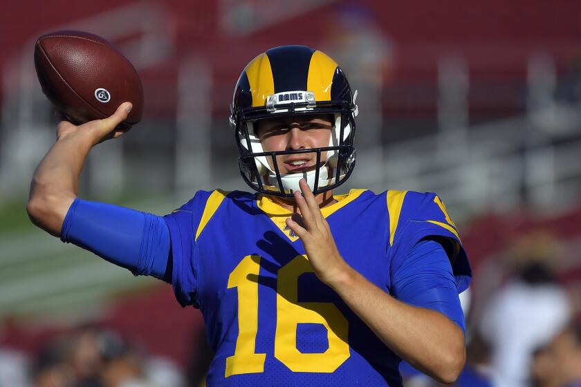 Los Angeles Rams quarterback Jared Goff throws before the start of an NFL preseason football game against the Denver Broncos Saturday, Aug. 24, 2019, in Los Angeles. (AP Photo/Mark J. Terrill)