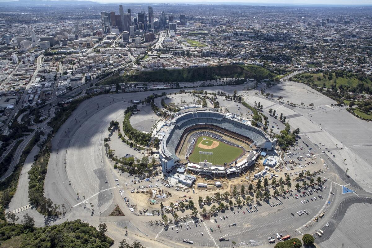 An aerial view of Dodger Stadium in March 2020.