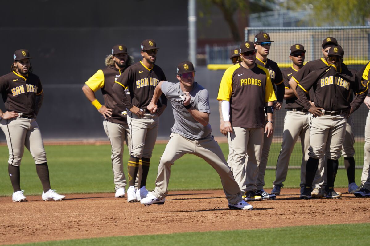 Wil Myers starts off with baserunning drills on the first day of Padres spring training.