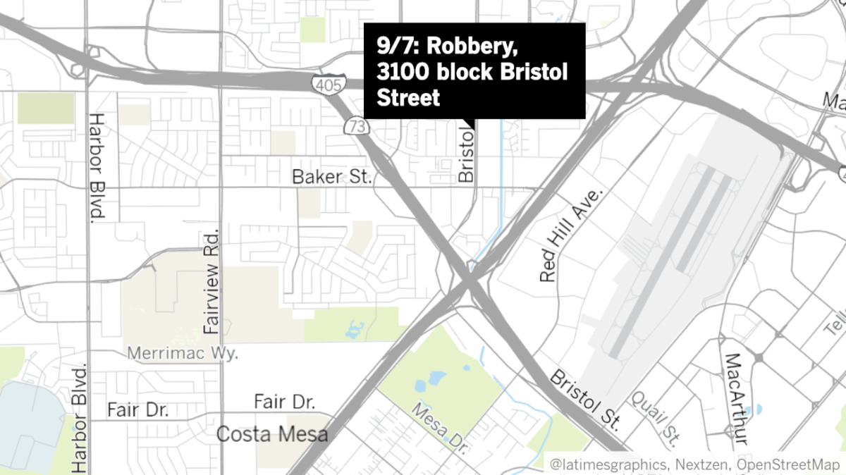 Map showing the 3100 block of Bristol Street in Costa Mesa.