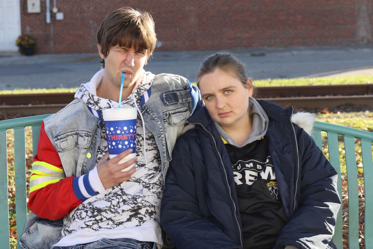 "Welcome to Flatch" actors Sam Straley and Holmes.