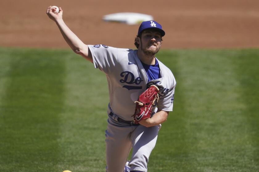 Los Angeles Dodgers pitcher Trevor Bauer against the Oakland Athletics during a baseball game.