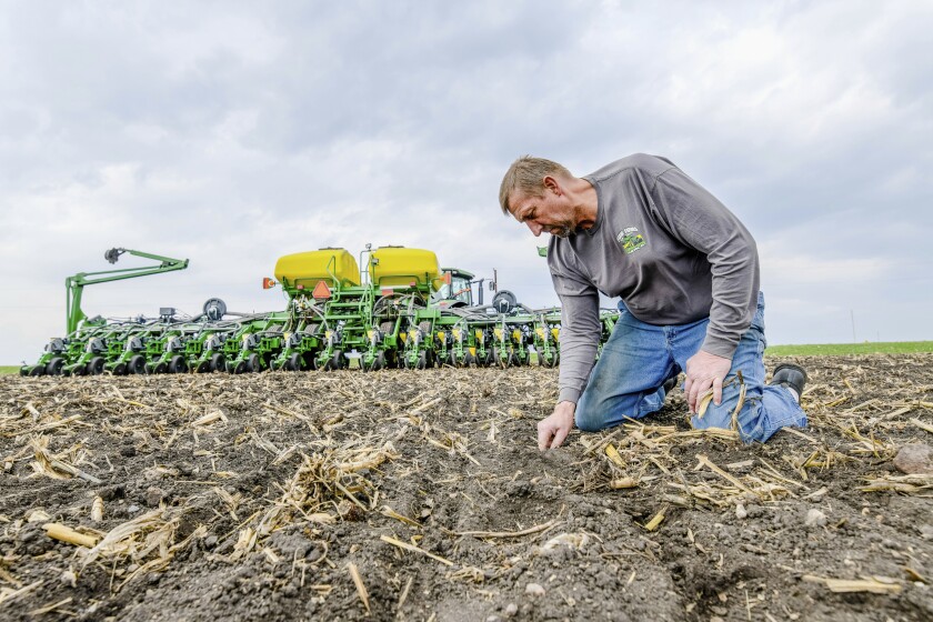 This 2018 photo shows Jeff Frank on his farm near Auburn, Iowa. Frank doesn’t feel rich, but simply based on the skyrocketing value of his land in northwest Iowa, it’s an apt way to describe him, even if he laughs at the idea. (Joseph L. Murphy/Iowa Soybean Association via AP)