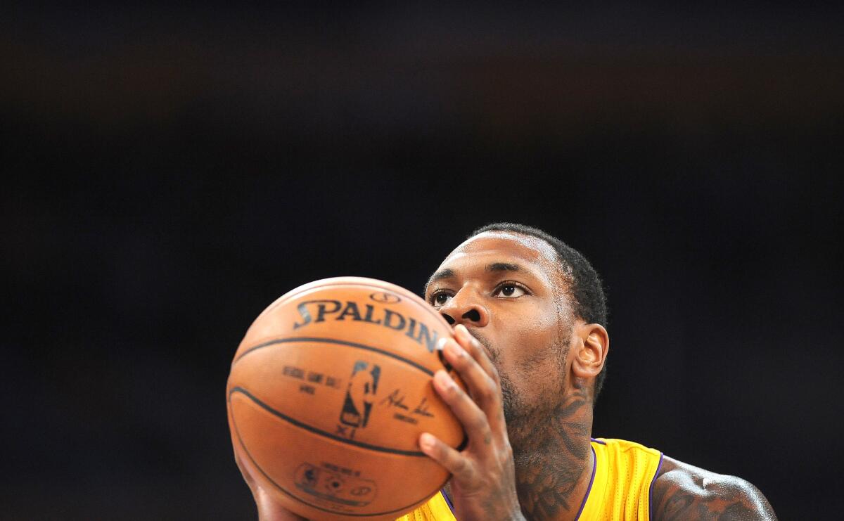 Tarik Black plays in a preseason game for the Lakers against Portland on Oct. 19.