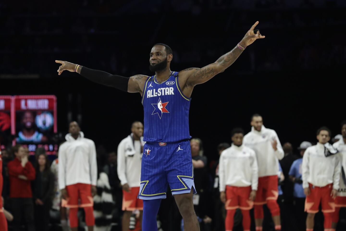 Lakers forward LeBron James celebrates after his team scored during the second half of the NBA All-Star game on Feb. 16, 2020, at the United Center in Chicago.