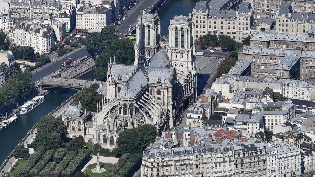 This file photo taken on July 14, 2017, shows an aerial view of Notre Dame Cathedral in Paris.