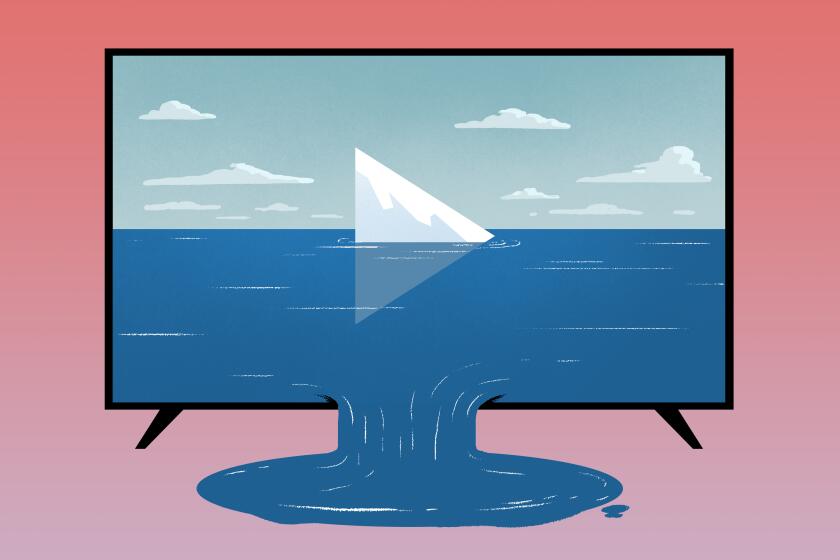 Illustration of a tv with a play button/iceberg in the center. Water is leaking from the screen.