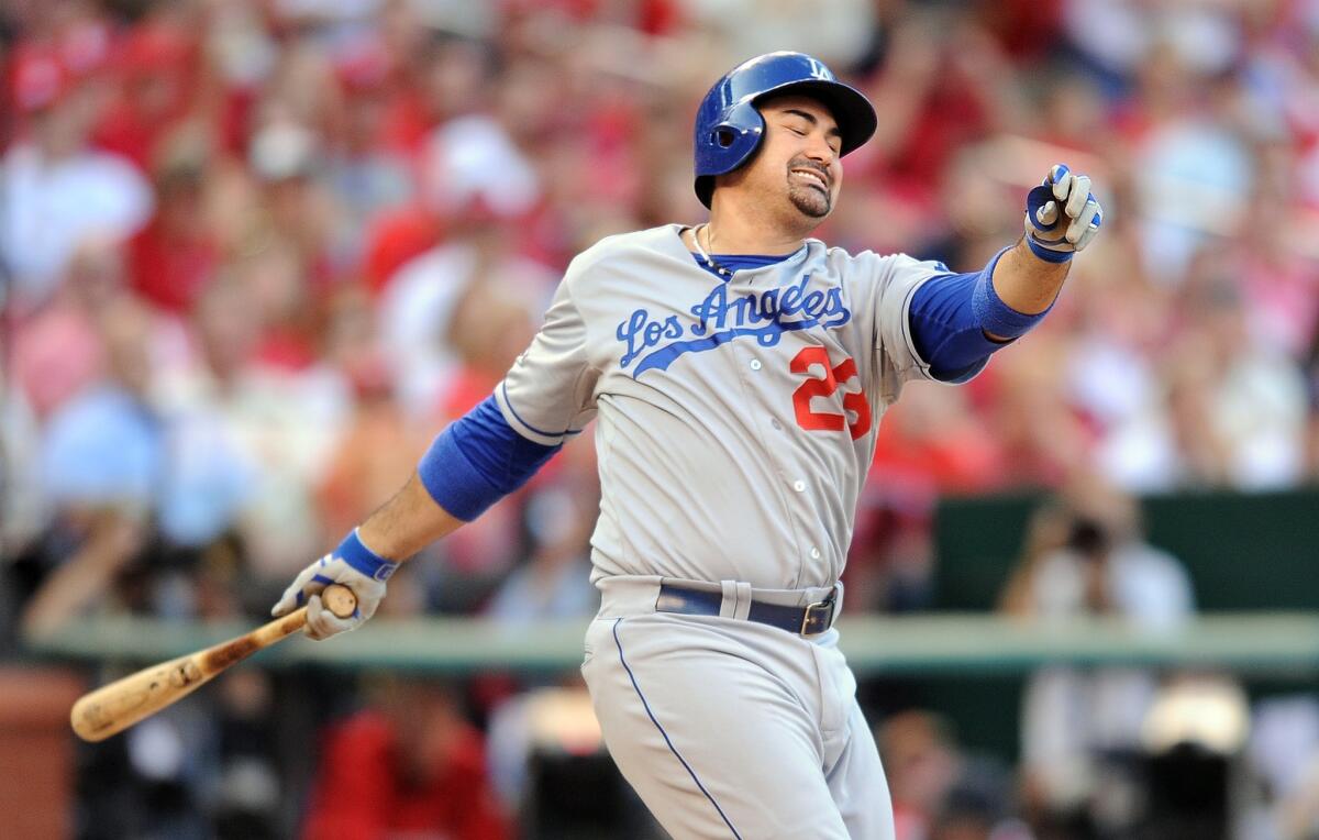 Dodgers first baseman Adrian Gonzalez strikes out in the eighth inning during Game 2 of the NLCS.