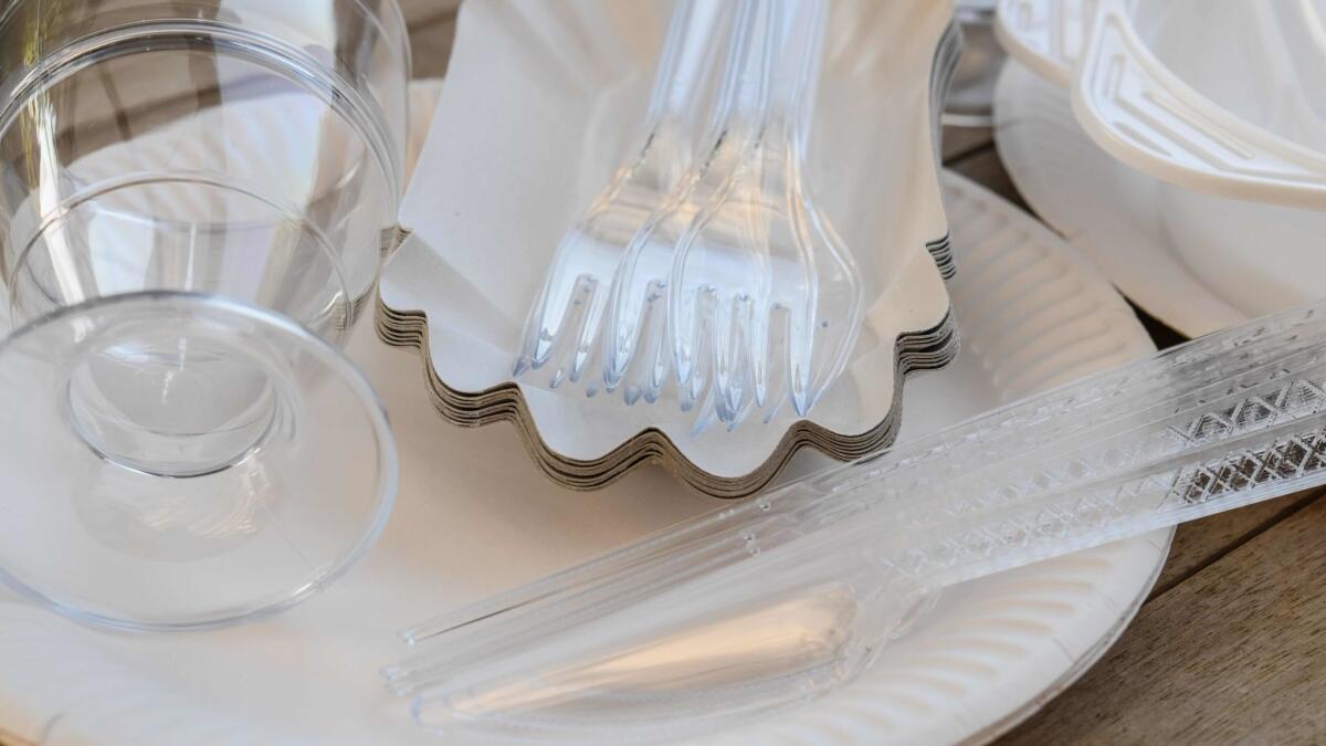 The Sierra Club hopes Newport Beach restaurants will cut their use of nonbiodegradable, single-use plastic dinnerware like this to help keep discarded pieces out of the ocean.