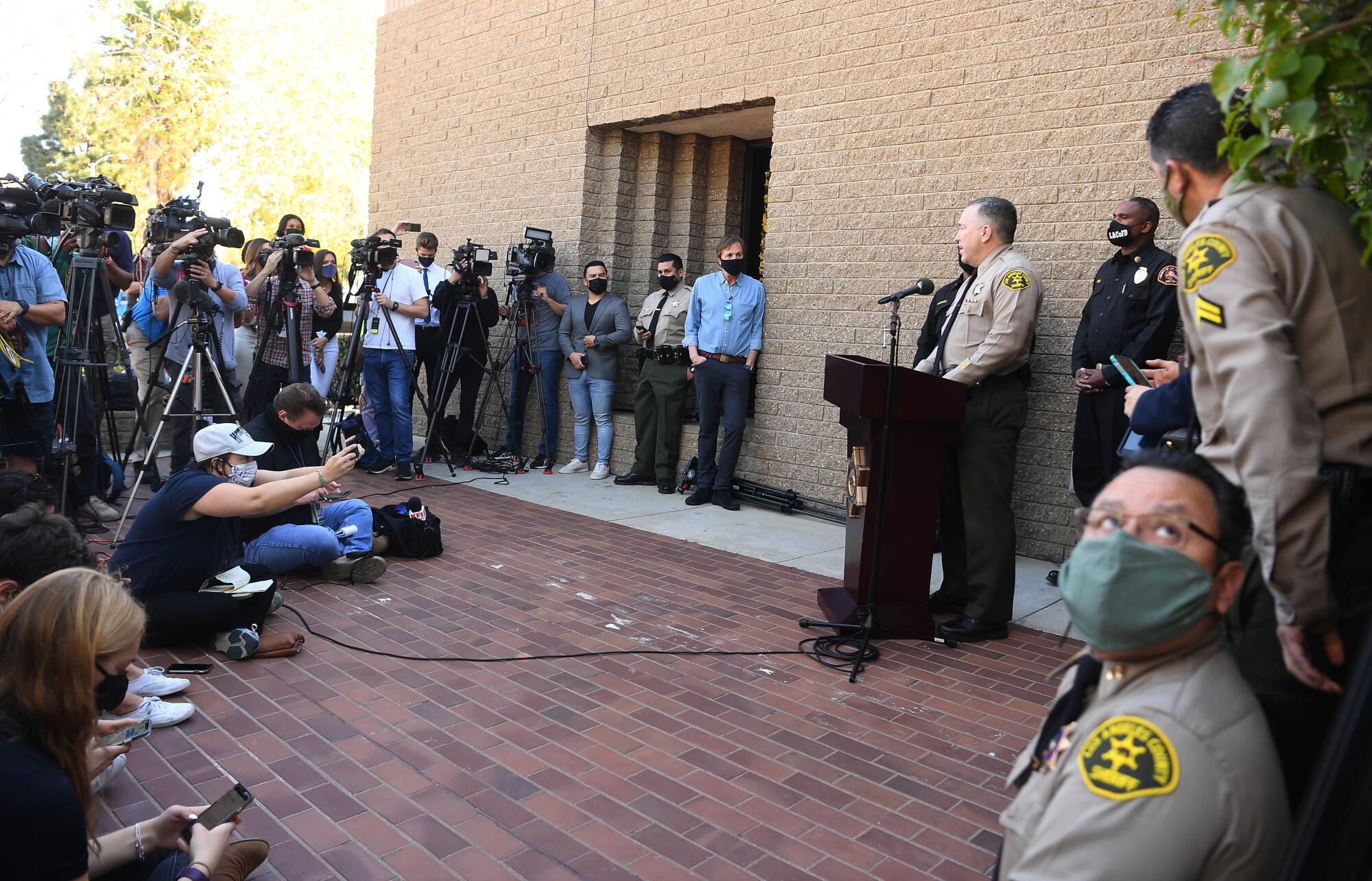 L.A. County Sheriff Alex Villanueva speaks to the media after an accident involving golfer Tiger Woods 