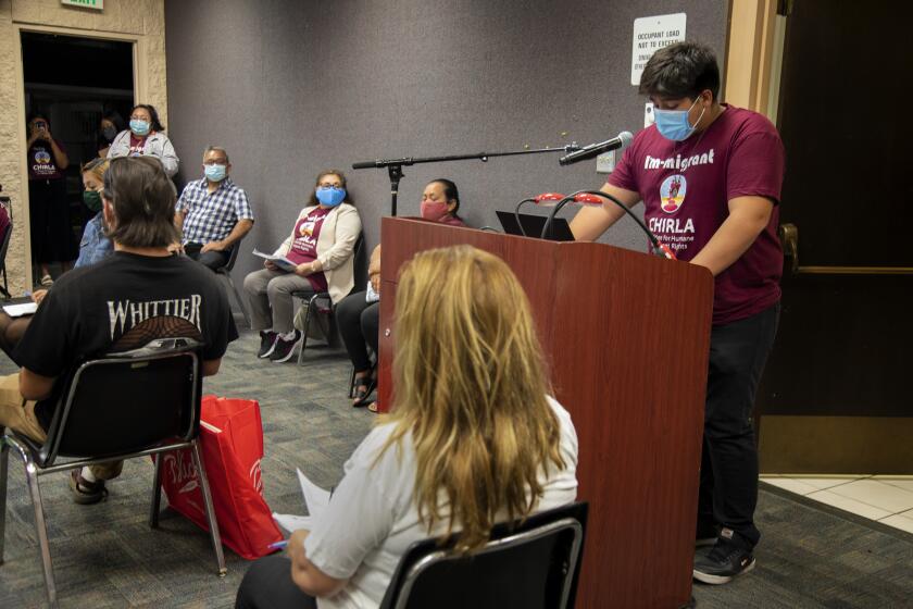 BELLFLOWER, CA - SEPTEMBER 29, 2021: Sebastian Ramirez speaks during the public comment portion of an L.A. County redistricting meeting at Clifton M. Brakensiek Library on September 29, 2021 in Bellflower, California. Ramirez represents CHIRLA, Coalition for Humane Immigrant Rights Los Angeles.(Gina Ferazzi / Los Angeles Times)