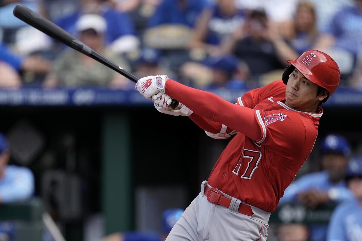 Angels star Shohei Ohtani hits a solo home run during the seventh inning against the Kansas City Royals.
