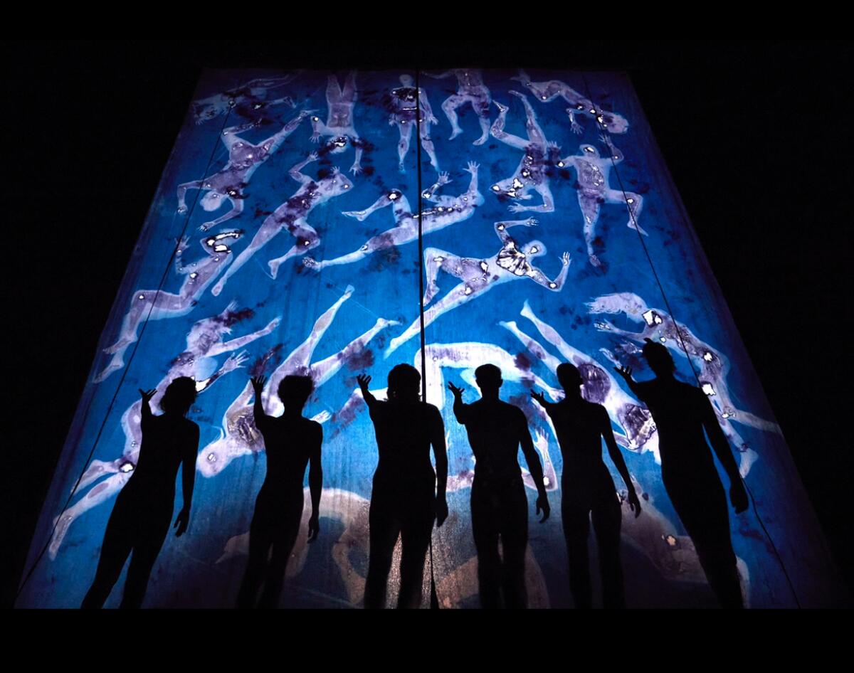 Six figures are seen in silhouette against a blue scrim marked by the light outlines of bodies.