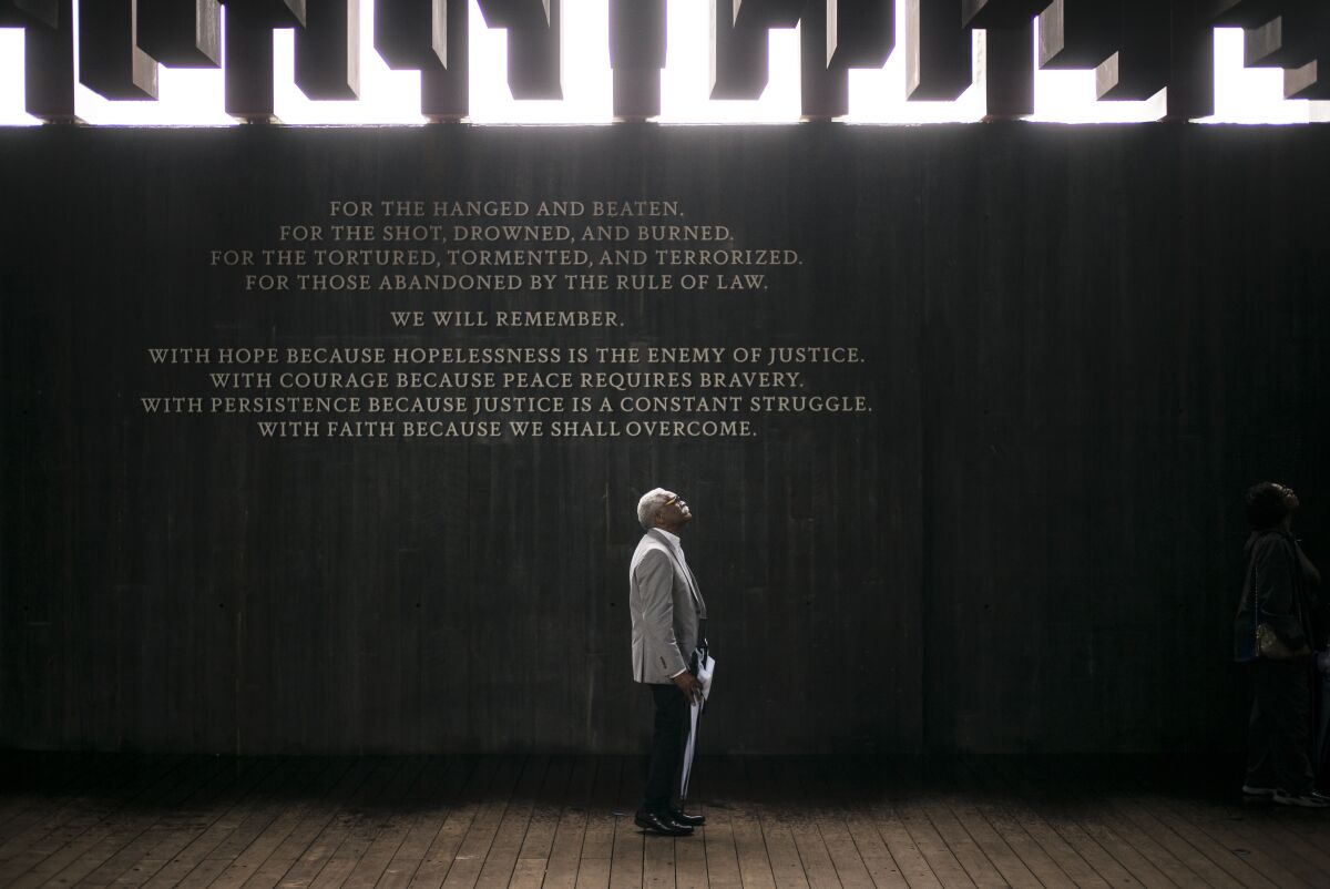 Ed Sykes, 77, visits the National Memorial for Peace and Justice. Sykes, who has family in Mississippi, was distraught when he discovered his last name in the memorial, three months after finding it on separate memorial in Clay County, Mississippi.