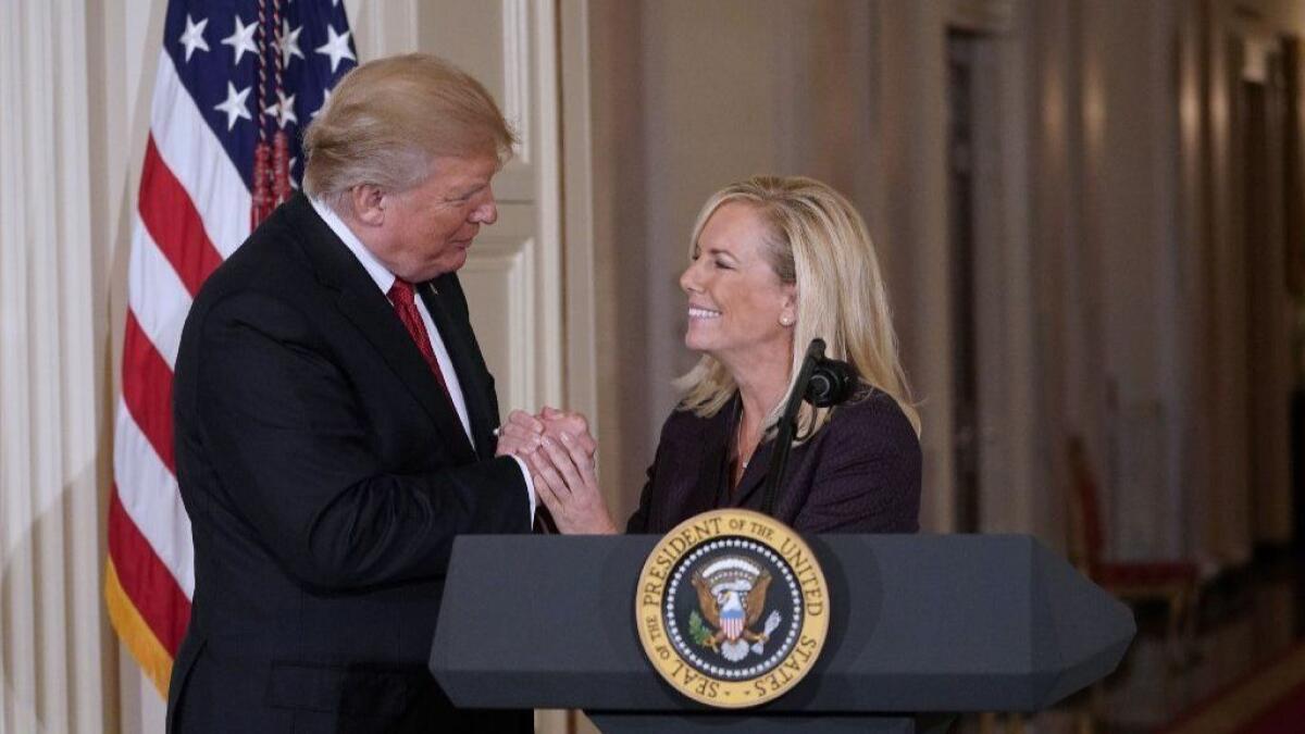 President Trump and Kirstjen Nielsen when he announced in 2017 that he was nominating her for Homeland Security secretary. She lasted in the job almost 20 months.