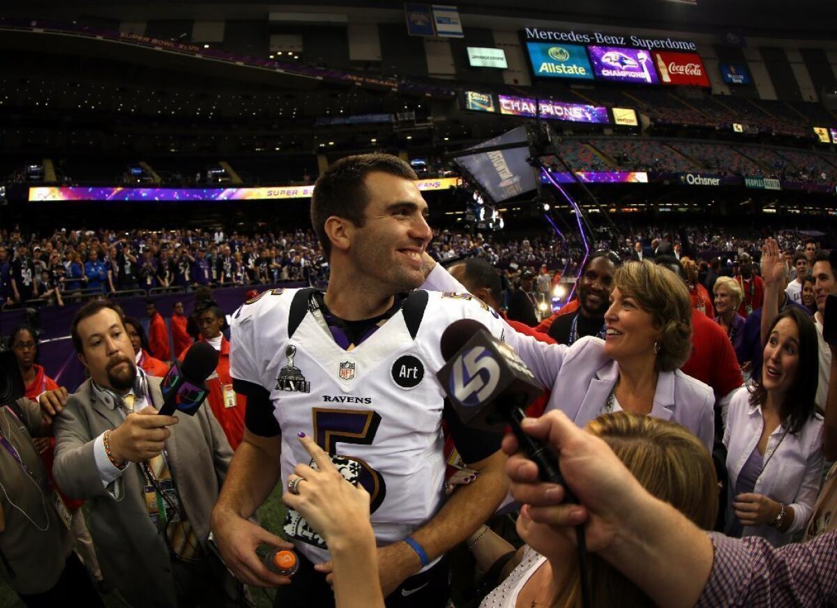 Joe Flacco celebrates the Baltimore Ravens' Super Bowl victory.
