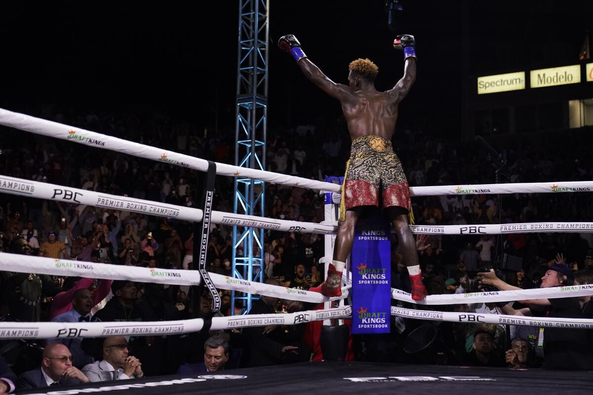Jermell Charlo celebrates after knocking out Brian Castano during the 10th round of a super welterweight bout 
