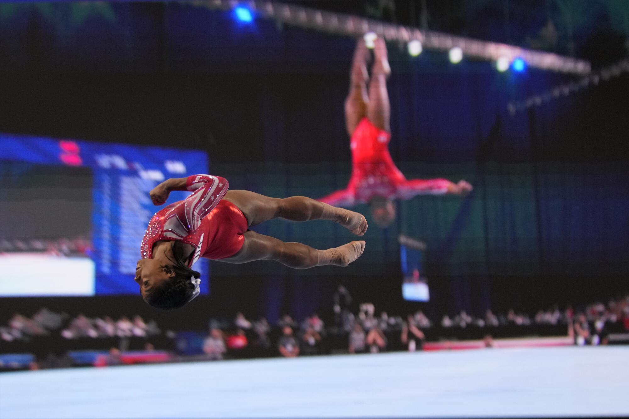 Simone Biles competes in the floor exercise 
