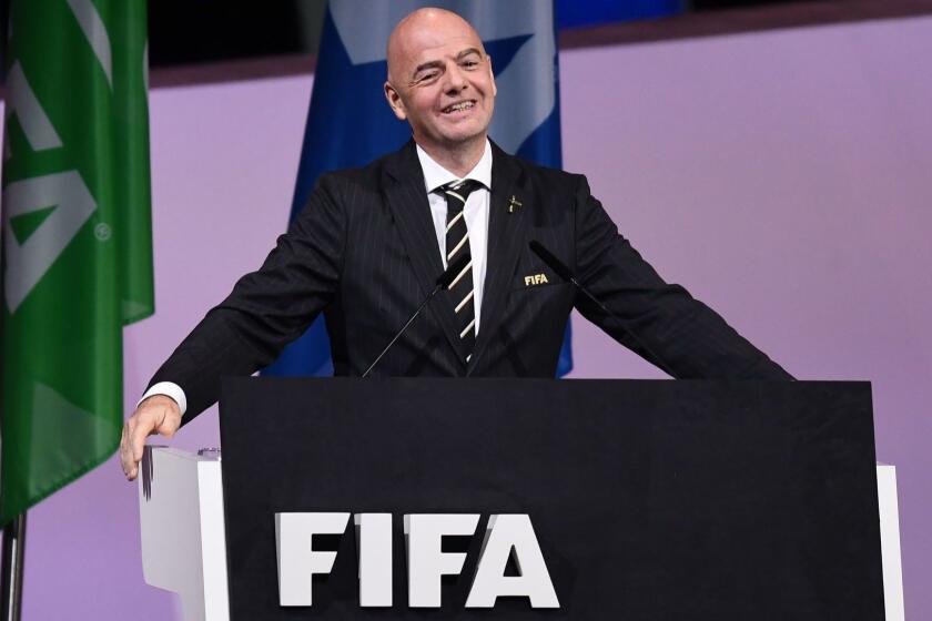 FIFA President Gianni Infantino delivers a speech at the 69th FIFA Congress at Paris Expo, Porte de Versailles in Paris on June 5, 2019. - Infantino was re-elected by acclamation for a second term on June 5, 2019. The 49 year-old, who took charge of FIFA in February 2016 after the departure of the disgraced Sepp Blatter, stood unopposed for re-election for a new four-year term which will run until 2023. (Photo by FRANCK FIFE / AFP)FRANCK FIFE/AFP/Getty Images ** OUTS - ELSENT, FPG, CM - OUTS * NM, PH, VA if sourced by CT, LA or MoD **