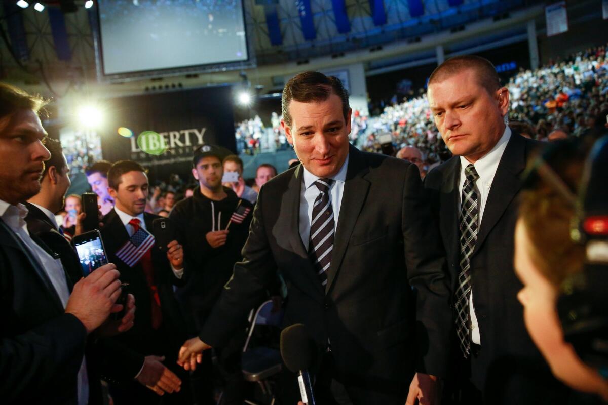 Sen. Ted Cruz, R-Texas, arrives to announce his campaign for president on Monday.