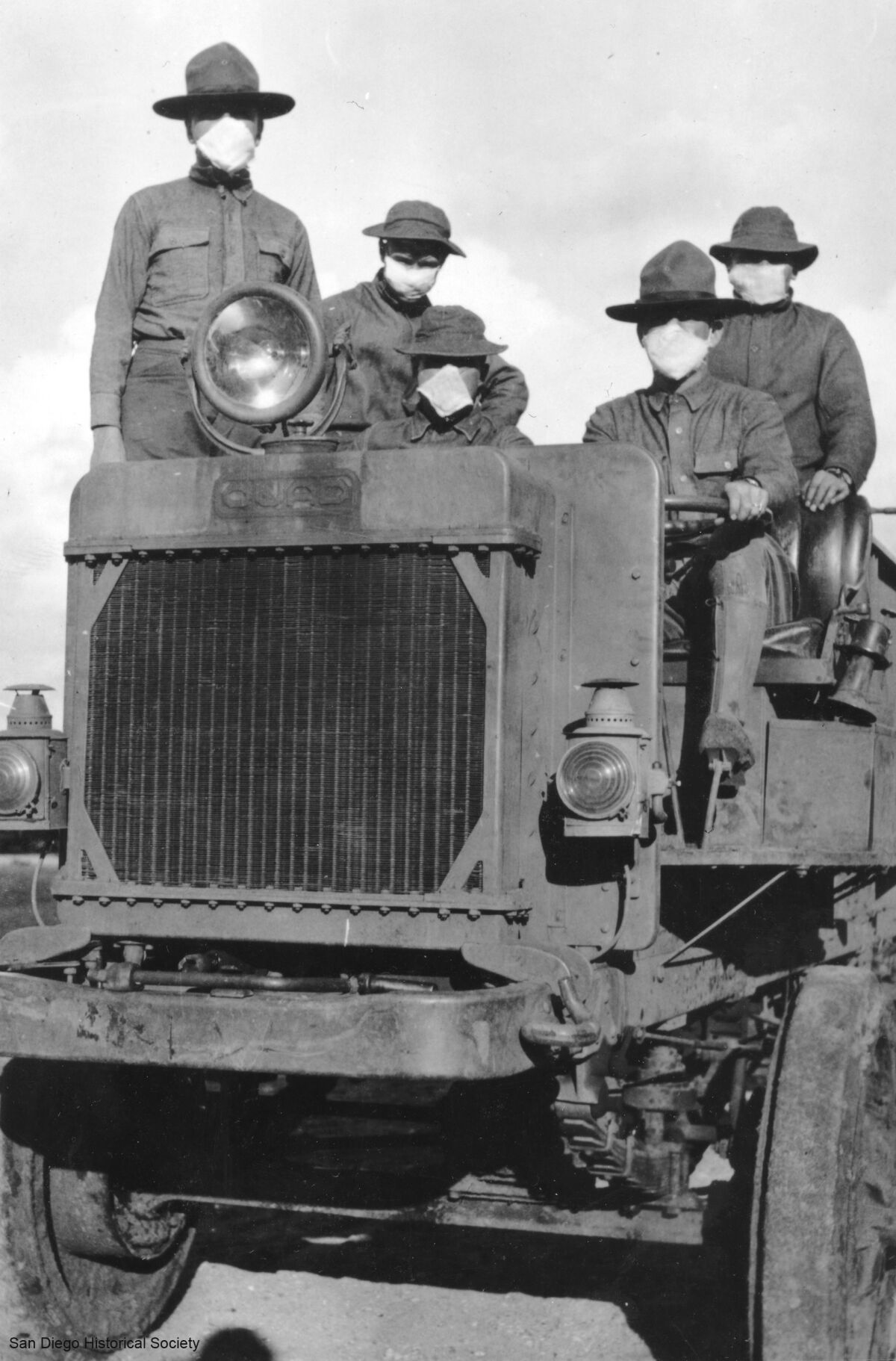 Circa 1917_Military personnel on truck at Camp Kearny during flu epidemic.