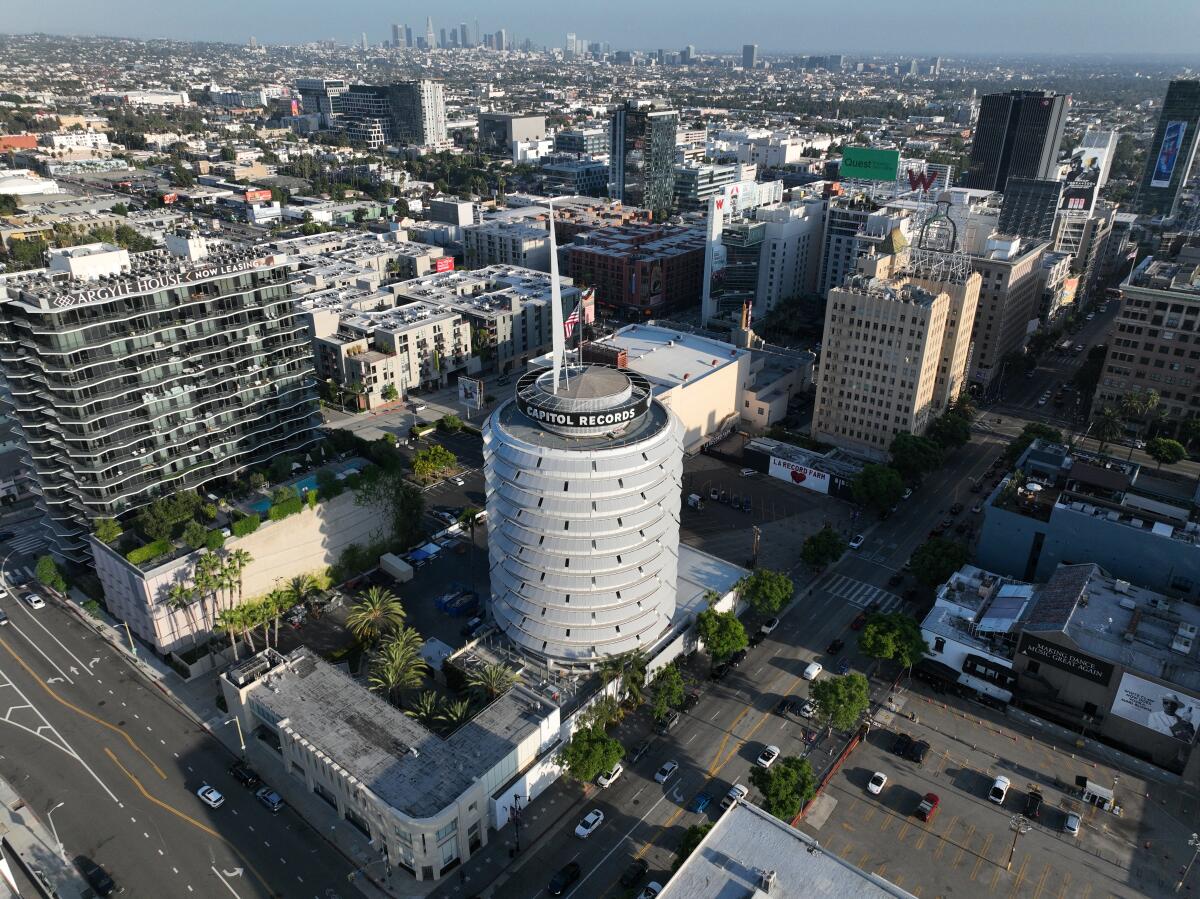 Aerial view of the Capitol Records Building in Hollywood.