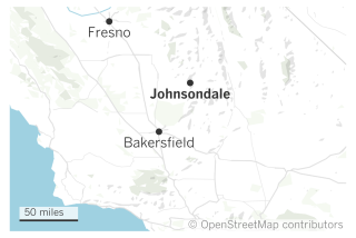 Locator map of Johnsondale, south of Fresno and north of Bakersfield