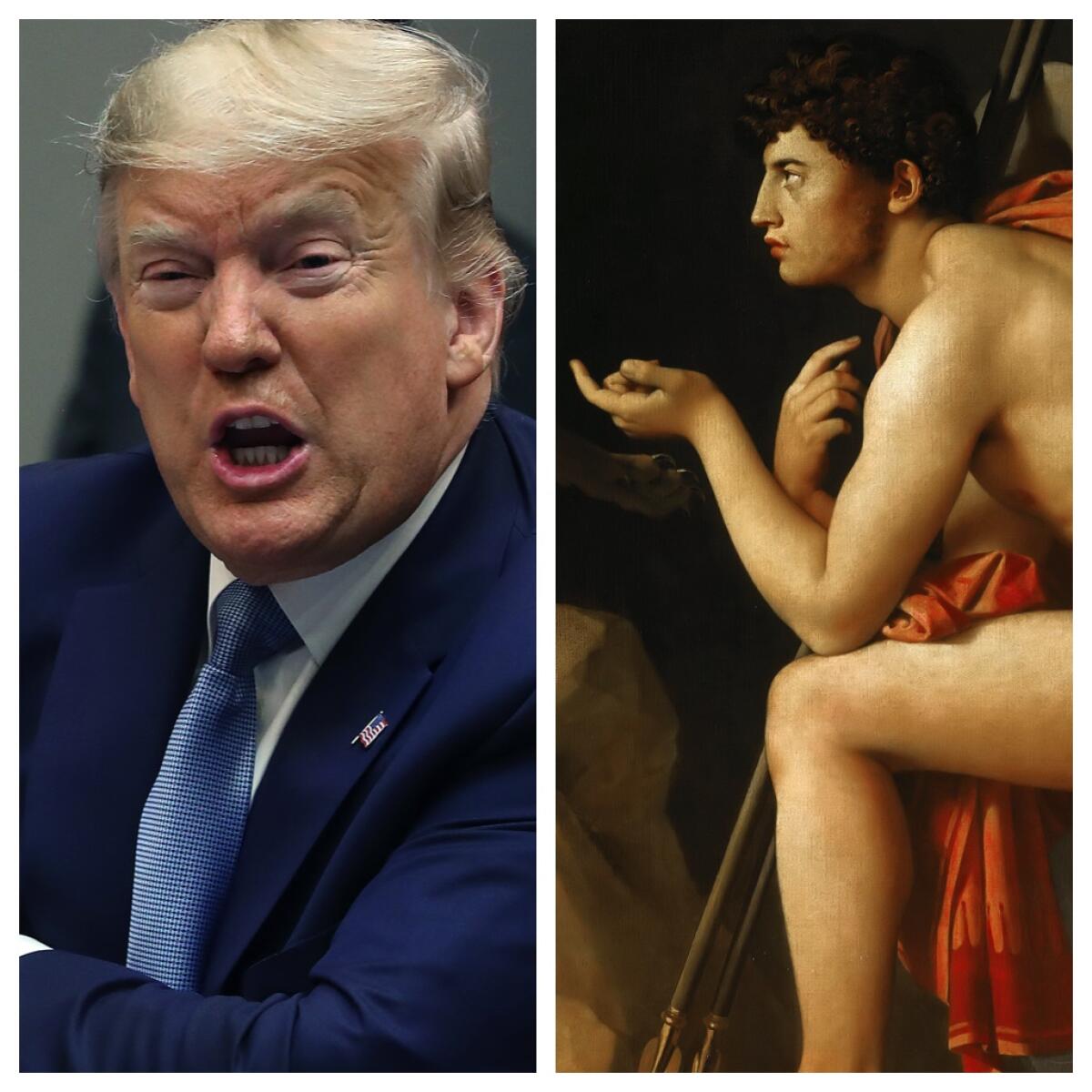 President Trump and a detail of "Oedipus and the Sphinx," by Jean-August-Dominique Ingres