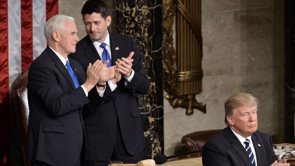 Vice President Mike Pence and House Speaker Paul D. Ryan at President Trump's speech to a joint session of Congress.