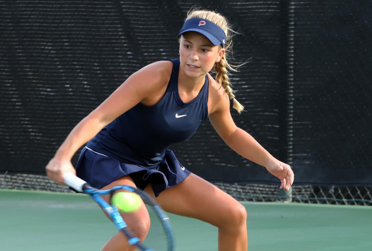 Pacifica Christian's Bree Clarke competes against Mark Keppel in a girls' tennis final at the Claremont Club.