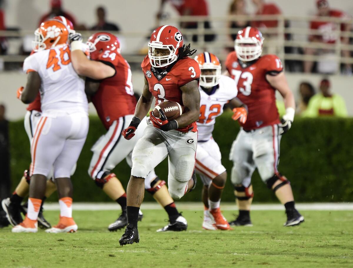 Georgia running back Todd Gurley ran for 198 yards and three touchdowns in the Bulldogs' 42-21 win over Clemson on Aug. 30.