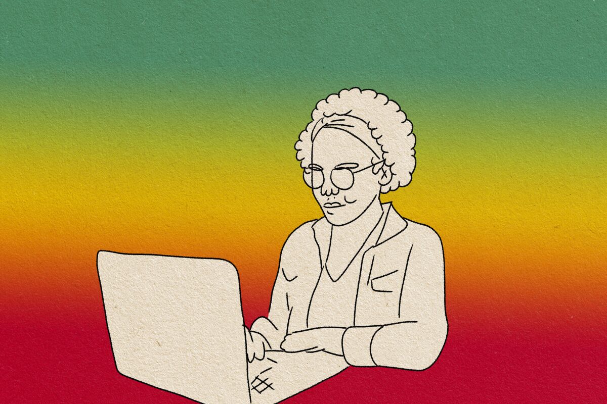 illustration of a young woman browsing the net on a laptop