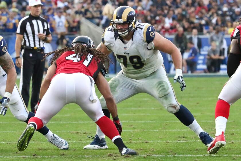 Rams right tackle Rob Havenstein blocks Falcons outside linebacker Philip Wheeler during the second half on Dec. 11.
